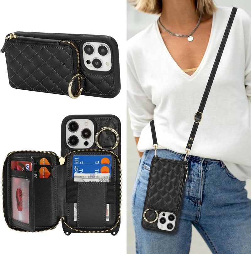 Hamany Crossbody Wallet Case for iPhone 14 Pro Max, PU Leather Zipper Handbag Purse Flip Cover, Kickstand Folio Case with Card Slots Holder Wrist Strap Lanyard 5G 6.7 Inch-Black - Image 1